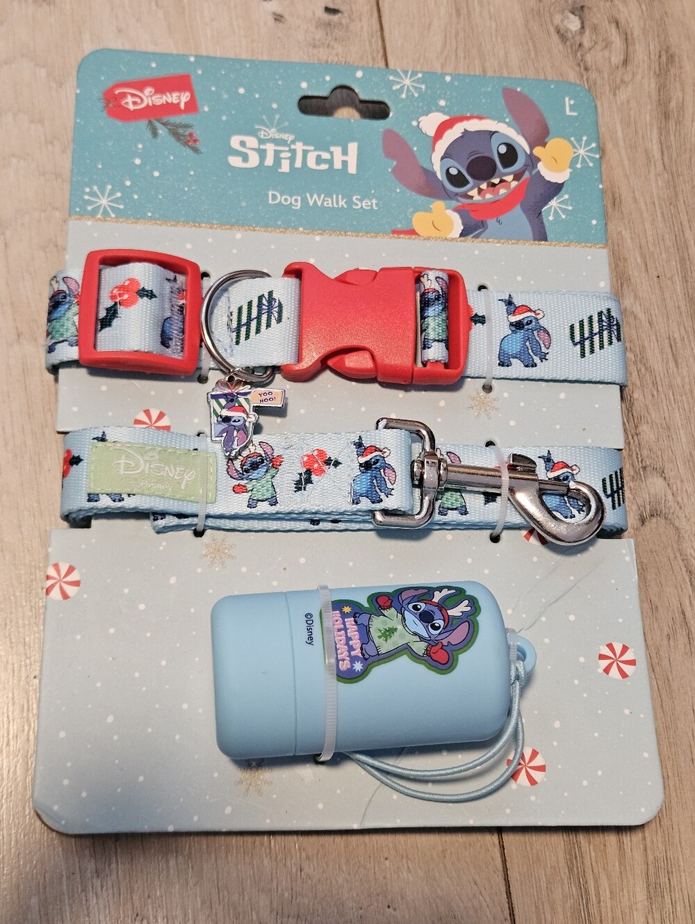 Disney Stitch Christmas Holiday Dog Walk Set Large Collar Leash Waste Bag Holder